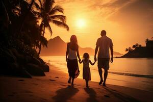 content Jeune famille avec peu fille avoir amusement à magnifique plage à coucher de soleil, arrière vue de une content famille à coucher de soleil, ai généré photo