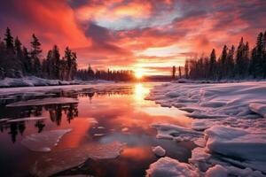 ai généré congelé Lac couchers de soleil - génératif ai photo