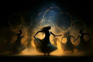 ai généré gracieux éclairé par la lune danseurs, en mouvement dans parfait synchronie avec le céleste rythmes - génératif ai photo