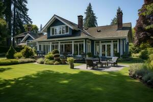 ai généré luxe maison avec vert pelouse et arrière-cour photo