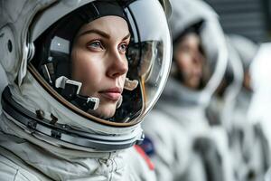 ai généré portrait de femelle astronaute portant espace costume photo