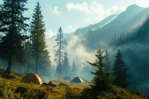 ai généré site de camp avec tente et brûlant feu dans montagnes paysage près Lac photo