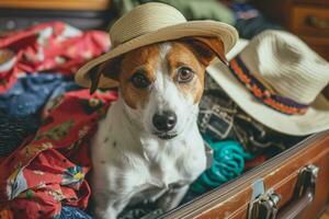 ai généré mignonne chien séance dans ouvert valise avec vêtements pour vacances photo