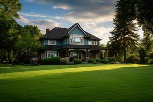 ai généré luxe maison avec vert pelouse et arrière-cour photo