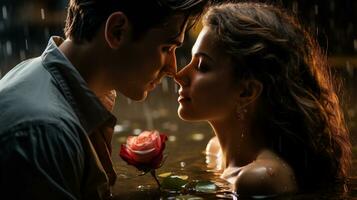 ai généré magnifique Jeune couple dans l'amour embrasser et étreindre dans l'eau à le coucher du soleil photo