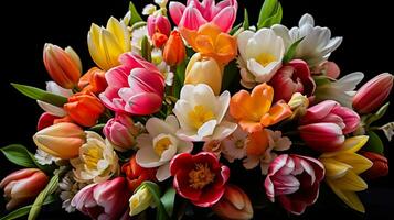 ai généré bouquet de tulipes sur une noir Contexte. printemps fleurs. photo