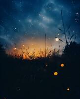 ai généré nuit ciel avec étoiles et lune dans le forêt. nuit la nature Contexte photo