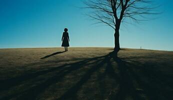 ai généré silhouette de une fille dans une longue robe contre le Contexte de une arbre photo
