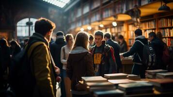 ai généré groupe de gens permanent dans bibliothèque et en train de lire livres. éducation concept. photo