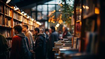 ai généré groupe de gens permanent dans bibliothèque et en train de lire livres. éducation concept. photo