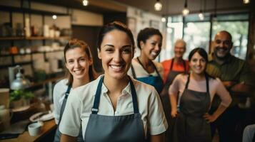 ai généré portrait de souriant serveuse permanent dans café magasin avec collègues sur Contexte photo