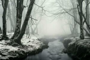 ai généré hiver brumeux les forêts - génératif ai photo