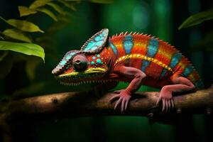 ai généré coloré caméléon sur une branche dans le forêt, proche en haut de brillant caméléon sur le branche sur foncé arrière-plan, ai généré photo