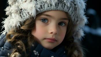ai généré mignonne hiver fille souriant, à la recherche à caméra, profiter le neige généré par ai photo