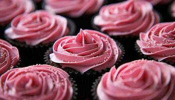 ai généré fraîchement cuit fait maison petit gâteau avec rose glaçage et fraise décoration généré par ai photo