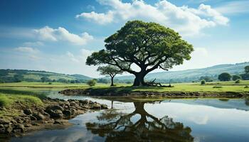 ai généré tranquille Prairie reflète bleu ciel, vert des arbres, et serein l'eau généré par ai photo