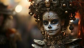 ai généré femmes dans traditionnel Vêtements célébrer une effrayant Halloween parade en plein air généré par ai photo
