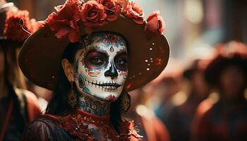 ai généré souriant femmes dans traditionnel costumes célébrer Halloween en plein air, effrayant décoration généré par ai photo