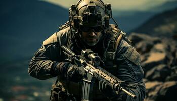 ai généré armée soldat visée fusil, portant camouflage uniforme, protéger contre terrorisme généré par ai photo