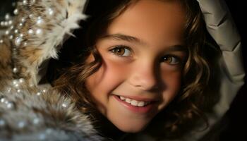 ai généré souriant fille, mignonne portrait, de bonne humeur bonheur, hiver beauté, joie généré par ai photo