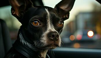 ai généré mignonne chiot séance dans voiture, à la recherche à caméra avec triste yeux généré par ai photo