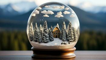 ai généré hiver fête neige globe affiche neigeux forêt paysage généré par ai photo