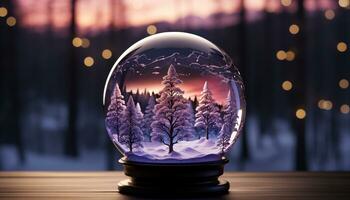 ai généré neige globe embrasé, neige sur hiver nuit, table décoration généré par ai photo