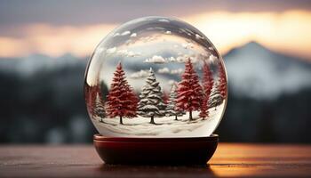 ai généré neige globe sur en bois tableau, hiver magique cadeau généré par ai photo