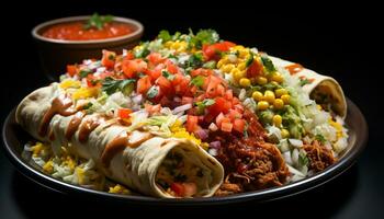 ai généré gourmet mexicain repas du boeuf tacos, guacamole, tomate, coriandre, tortilla généré par ai photo