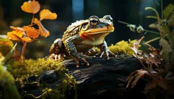 ai généré mignonne crapaud séance sur humide feuille, en train de regarder tropical forêt tropicale généré par ai photo