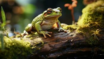 ai généré une mignonne crapaud séance sur une humide branche dans le forêt généré par ai photo