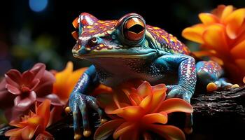 ai généré mignonne crapaud séance sur une fleur dans tropical forêt tropicale généré par ai photo