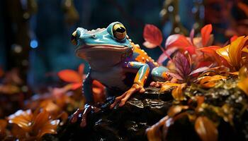 ai généré une mignonne rouge regardé arbre grenouille séance sur une humide feuille généré par ai photo