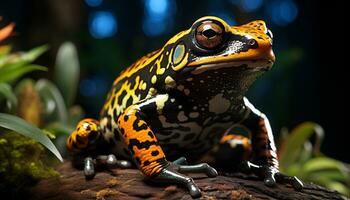 ai généré une mignon, petit, Jaune crapaud séance dans une tropical forêt généré par ai photo