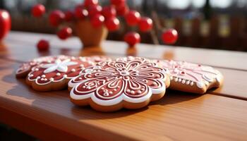 ai généré fait maison dessert sucré flocon de neige biscuit sur en bois table généré par ai photo