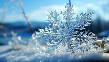 ai généré hiver flocon de neige décoration sur une brillant bleu glacial fenêtre généré par ai photo