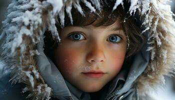 ai généré mignonne enfant souriant, à la recherche à caméra, profiter hiver en plein air généré par ai photo