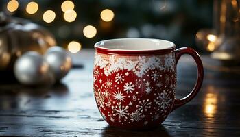 ai généré confortable hiver nuit chaud café, Noël lumières, et flocons de neige généré par ai photo