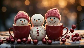 ai généré hiver fête bonhomme de neige, chaud boire, famille, aimer, joie, bonheur généré par ai photo