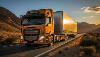 ai généré un camion livrer fret, excès de vitesse sur Autoroute, porter lourd cargaison généré par ai photo