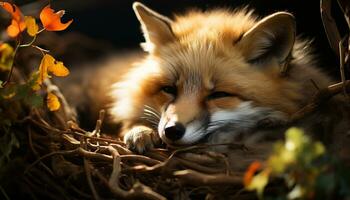 ai généré mignonne rouge Renard chiot séance dans neigeux l'automne forêt généré par ai photo