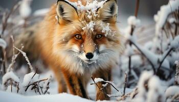 ai généré mignonne rouge Renard dans hiver forêt, à la recherche à caméra généré par ai photo