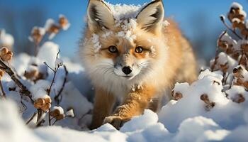 ai généré mignonne rouge Renard séance dans neigeux hiver forêt généré par ai photo