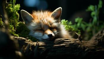 ai généré mignonne rouge Renard dans le forêt, à la recherche à le herbe généré par ai photo