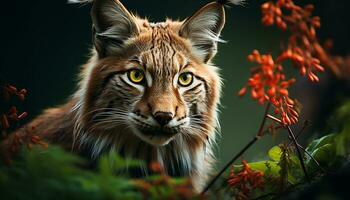 ai généré proche en haut de une mignonne lynx regarder dans le forêt généré par ai photo