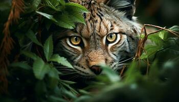 ai généré mignonne rayé félin cache dans tropical forêt tropicale généré par ai photo