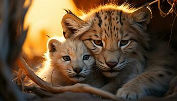 ai généré mignonne félin lionceau en jouant dans le sauvage généré par ai photo