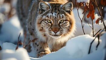 ai généré mignonne lynx à la recherche à caméra dans neigeux forêt généré par ai photo