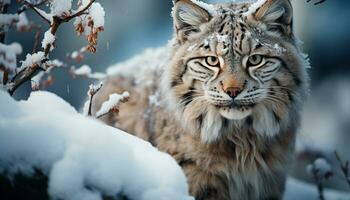 ai généré majestueux neige léopard en regardant, fourrure rayé dans neige généré par ai photo