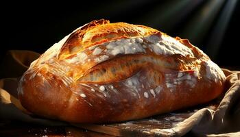 ai généré fraîchement cuit pain sur rustique en bois table généré par ai photo